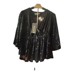 Wulful Black Sequin Top V Neck‎ Flared Sleeve Party Blouse